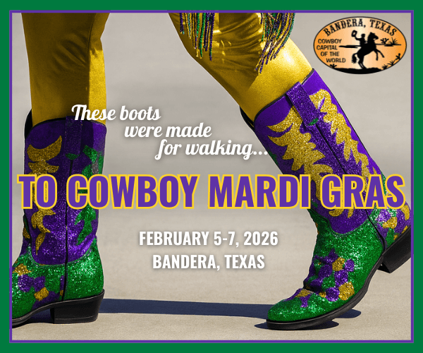 Close crop of legs in gold fringed chaps and glittering green, purple and gold Mardi Gras cowboy boots. Text reads “These boots were made for walking… to Cowboy Mardi Gras, February 5–7, 2026.”